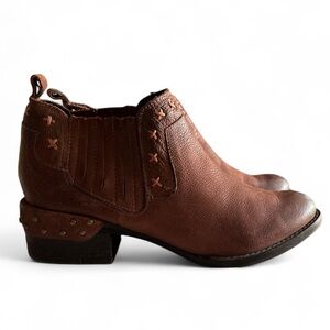 Naughty Monkey Women’s Cognac Brown Slip on Leather Ankle Booties Accents